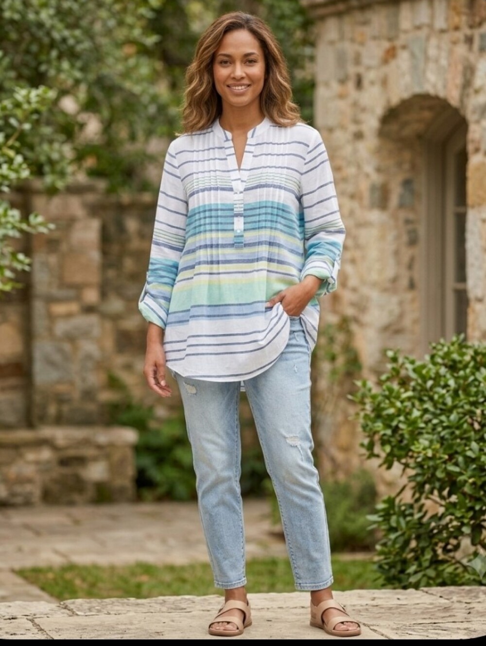 Zac&Rachel  Multicolor  Striped  Long Sleeve V-Neck  Blouse